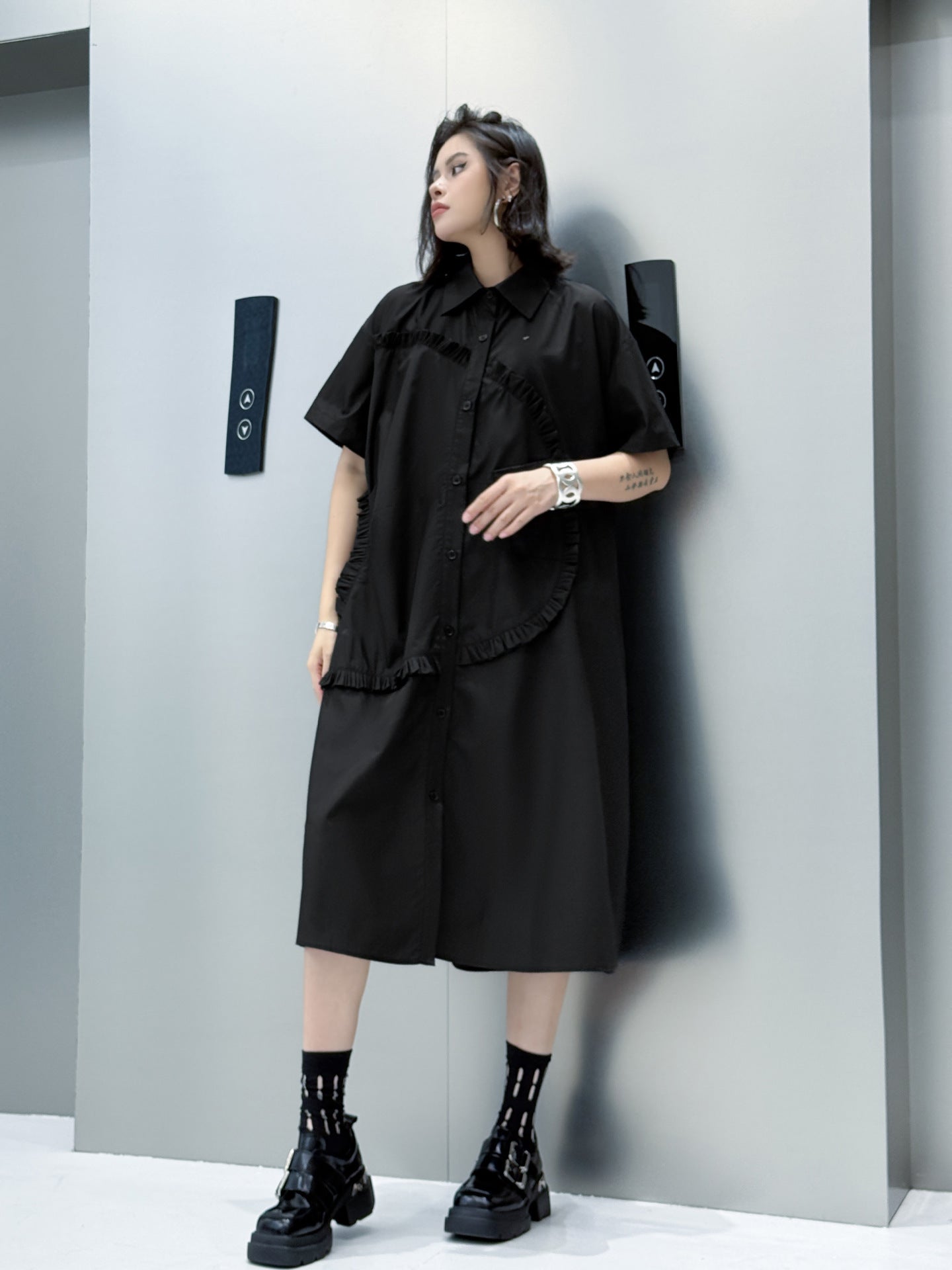 Round ruffle shirt dress