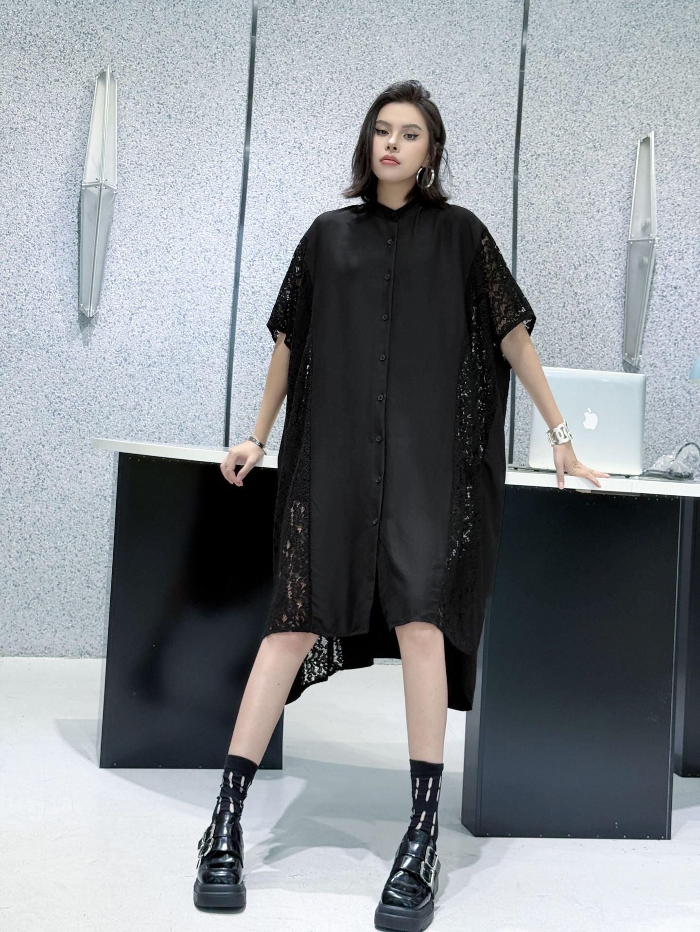 Lace slit shirt dress