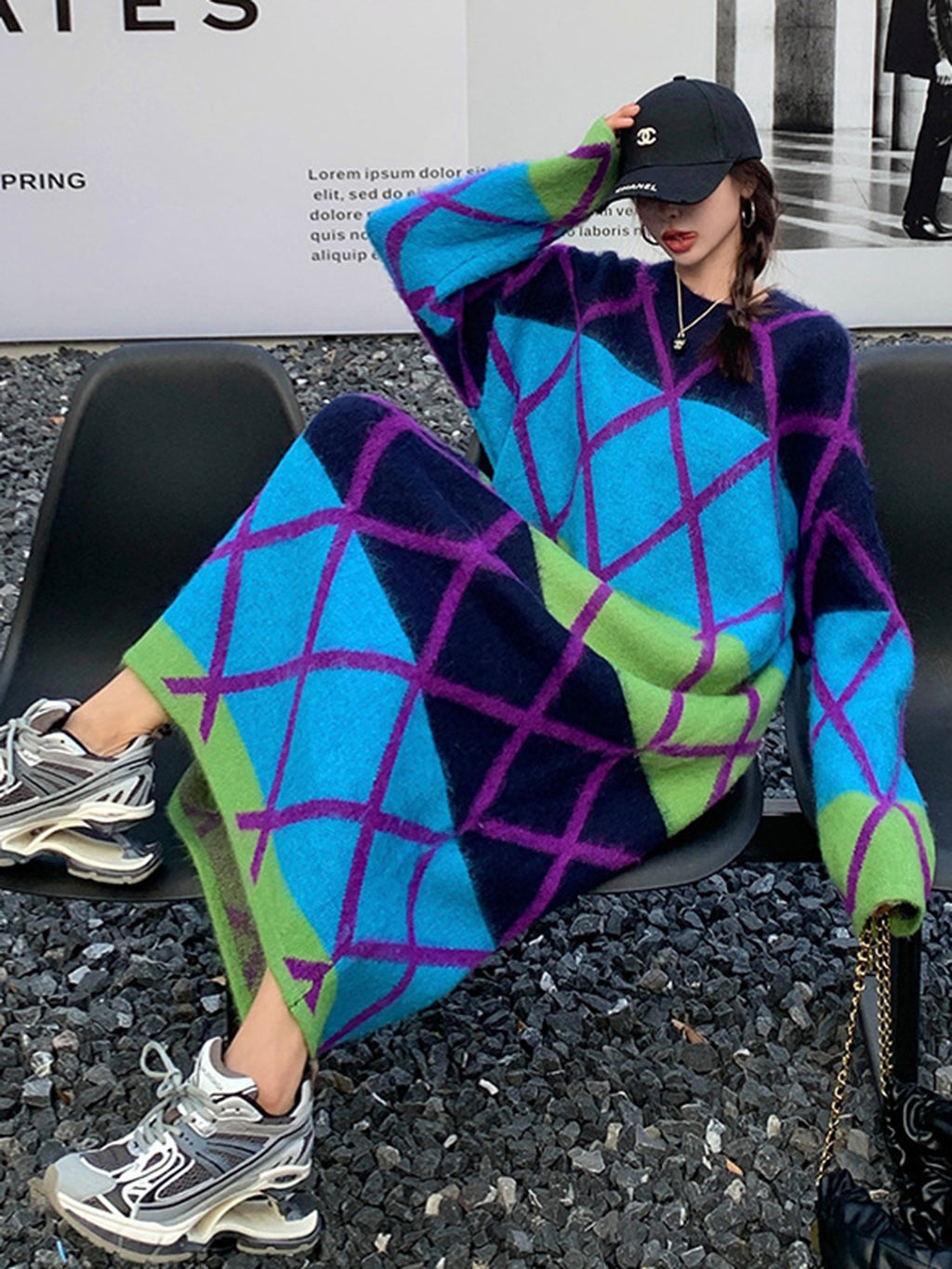 グラデーションアーガイルニットドレス