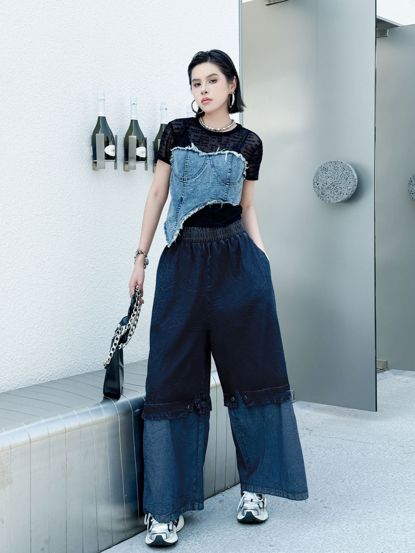 Scarf tie blouse and denim pants series
