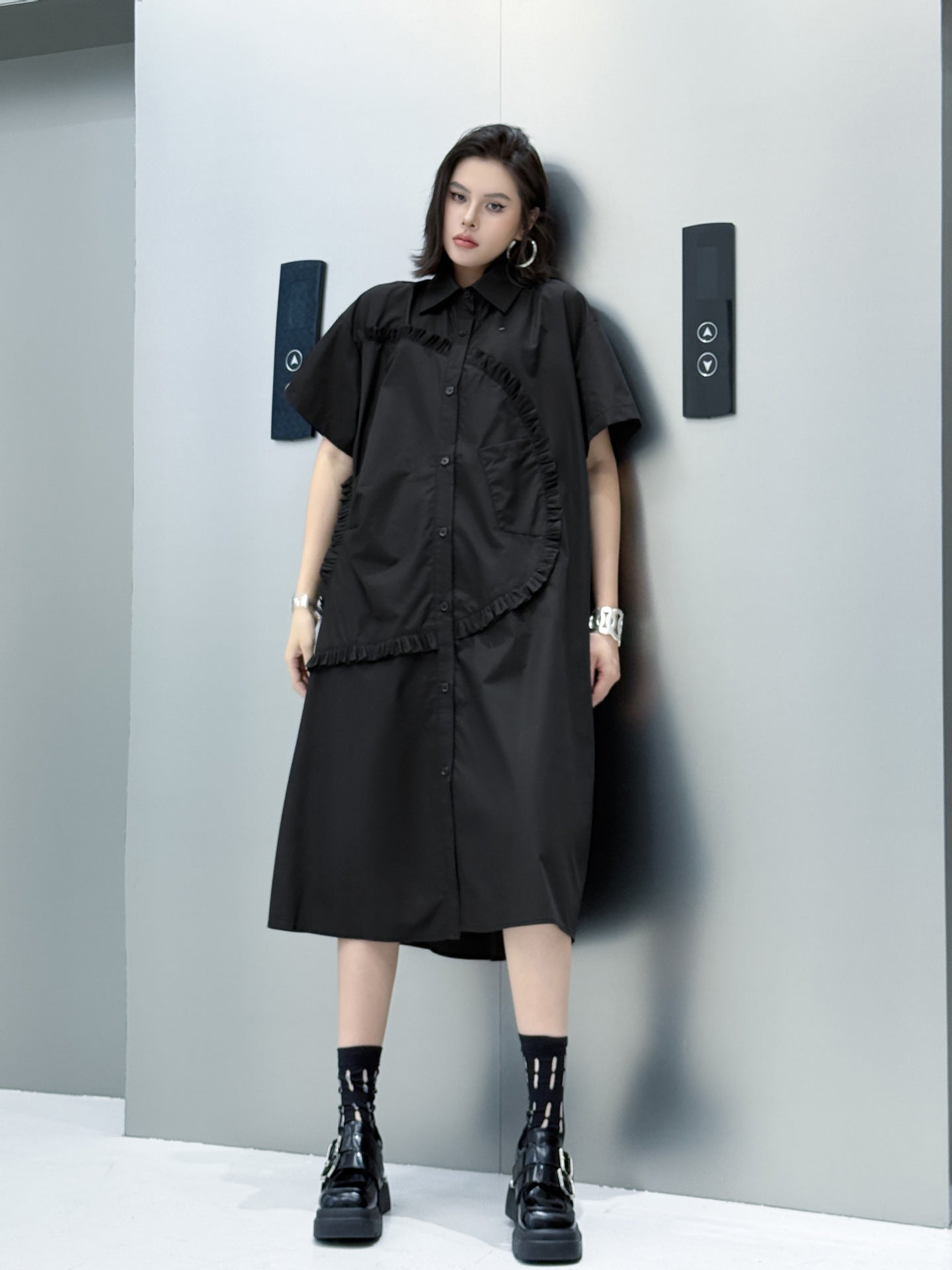 Round ruffle shirt dress