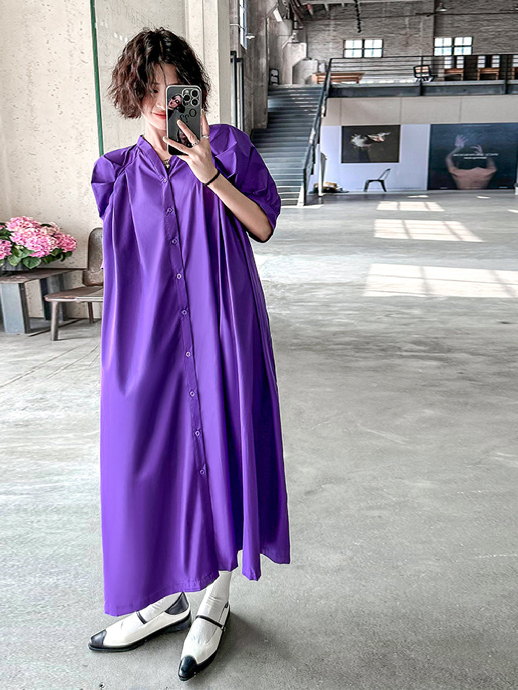 Balloon sleeve flared dress