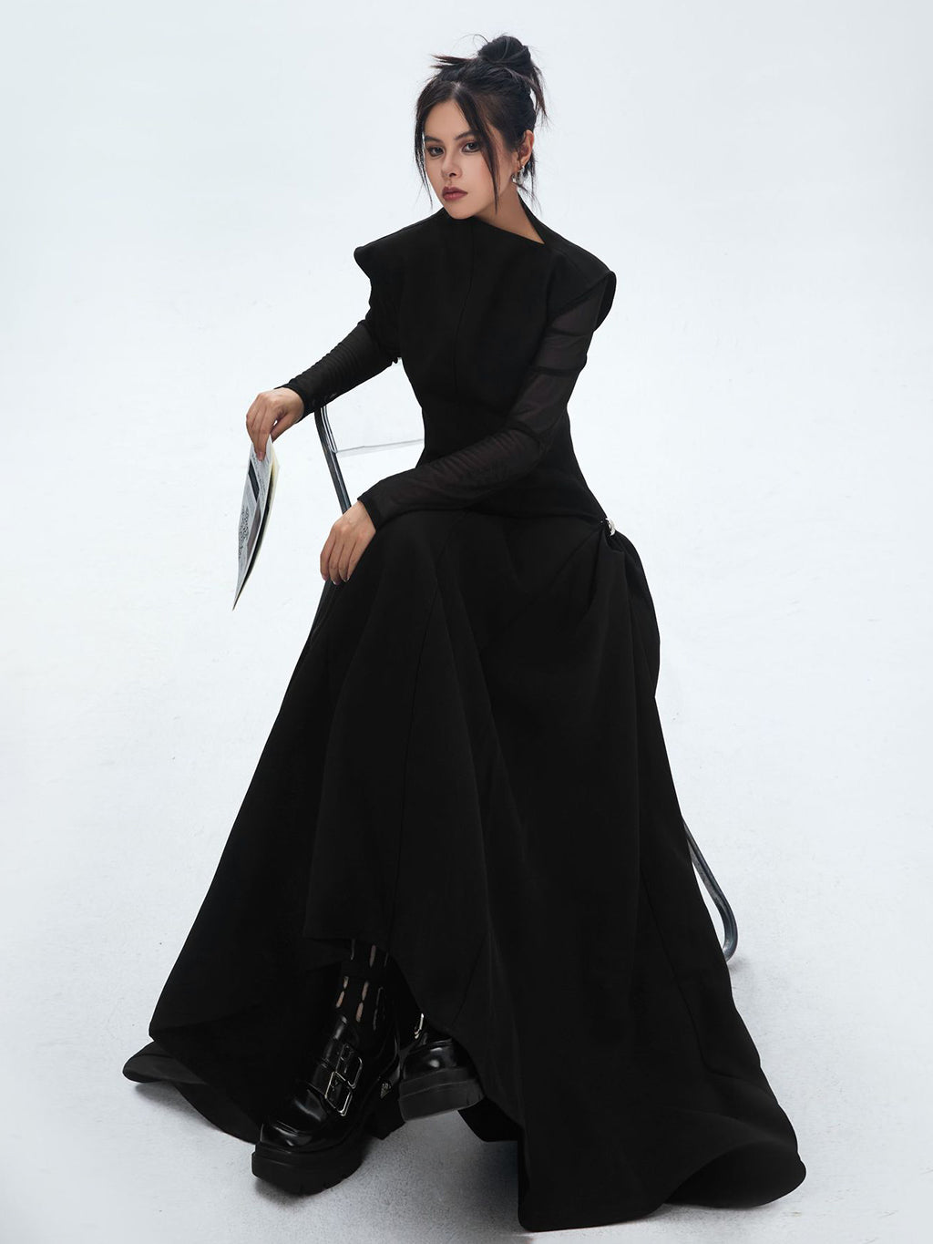 High neck long flared dress
