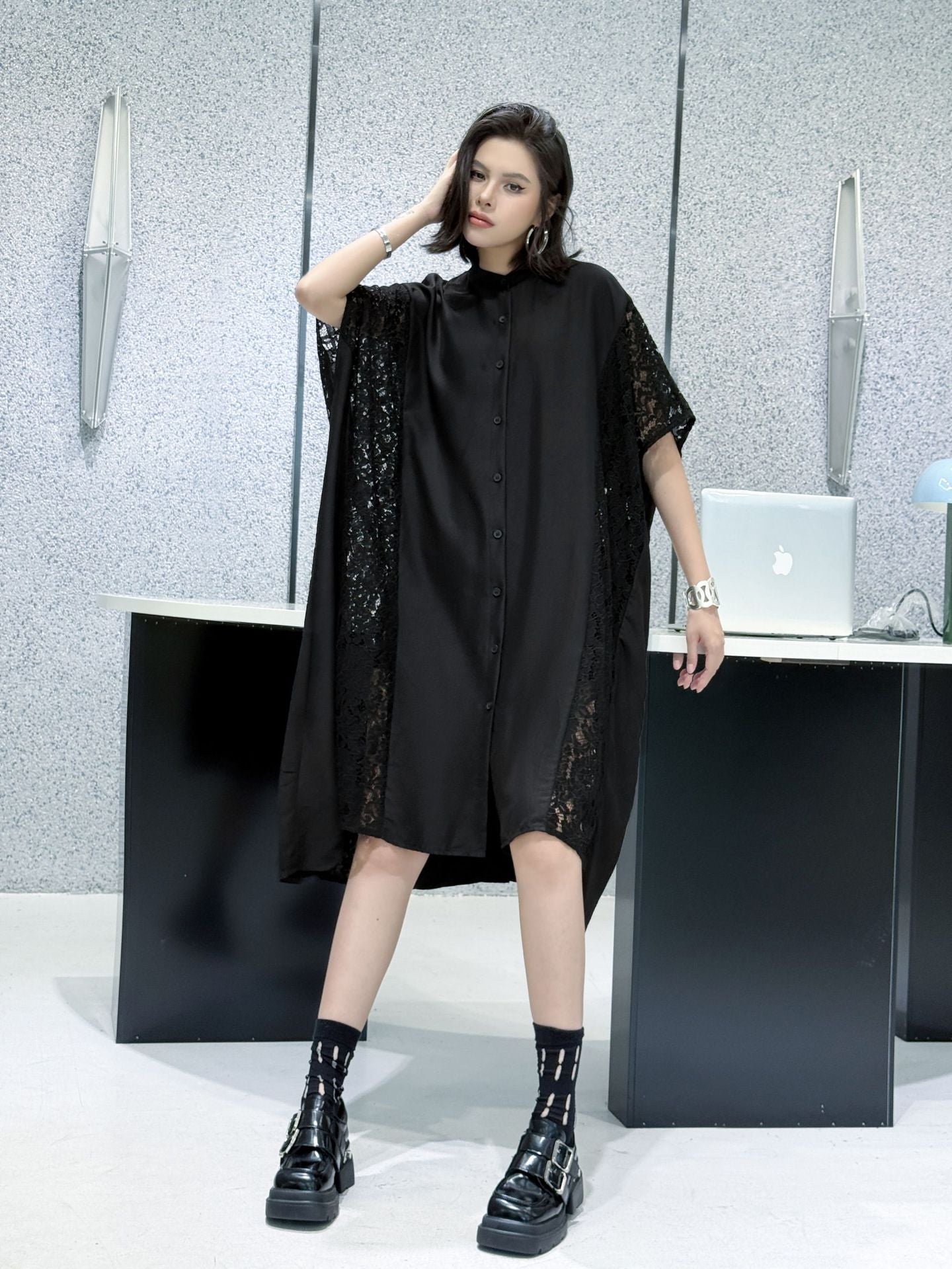 Lace slit shirt dress