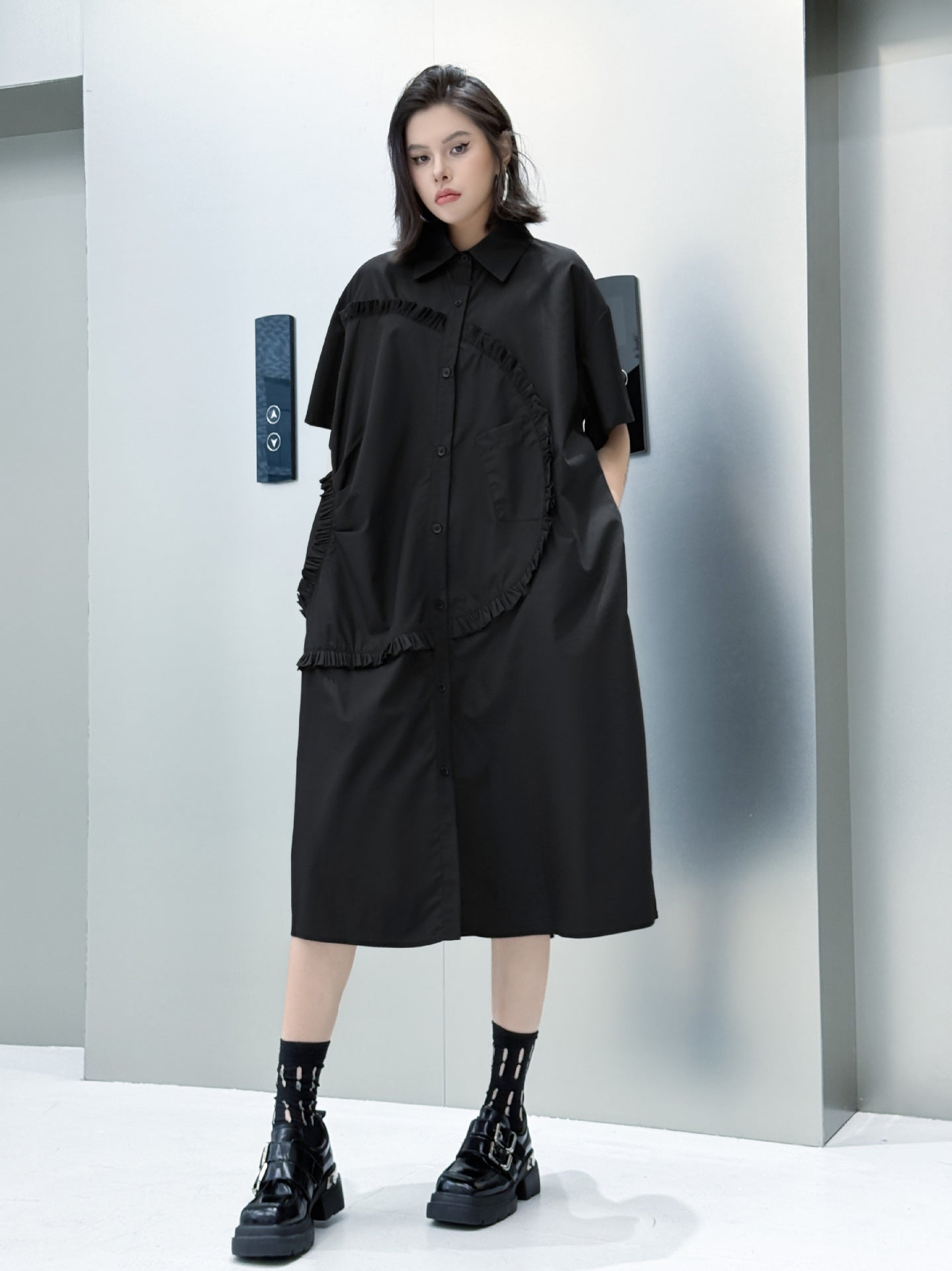 Round ruffle shirt dress