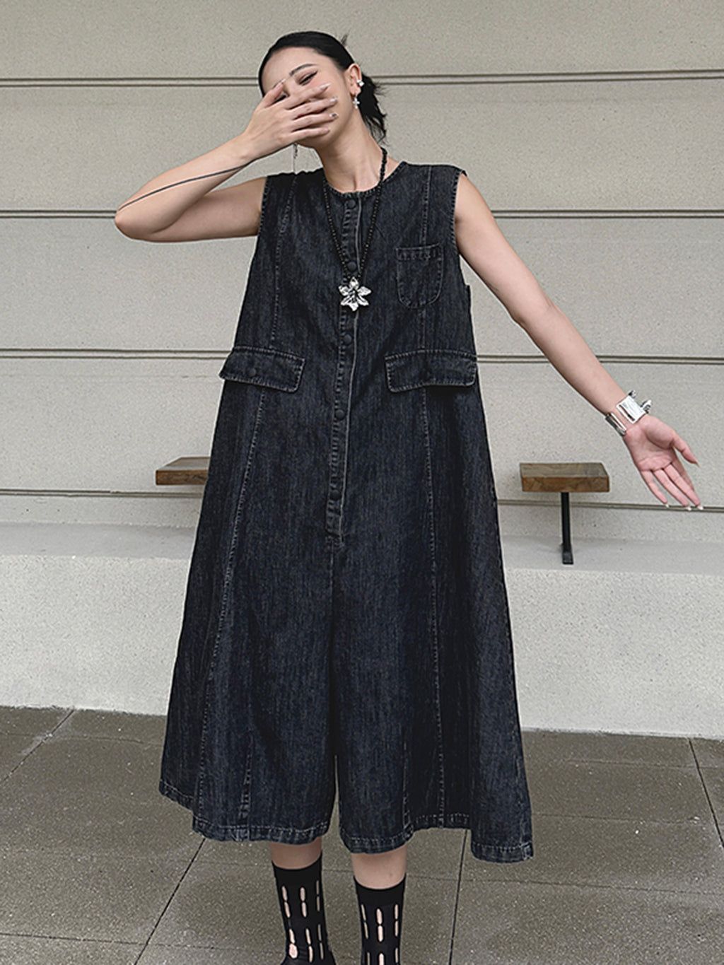 Black denim jumpsuit