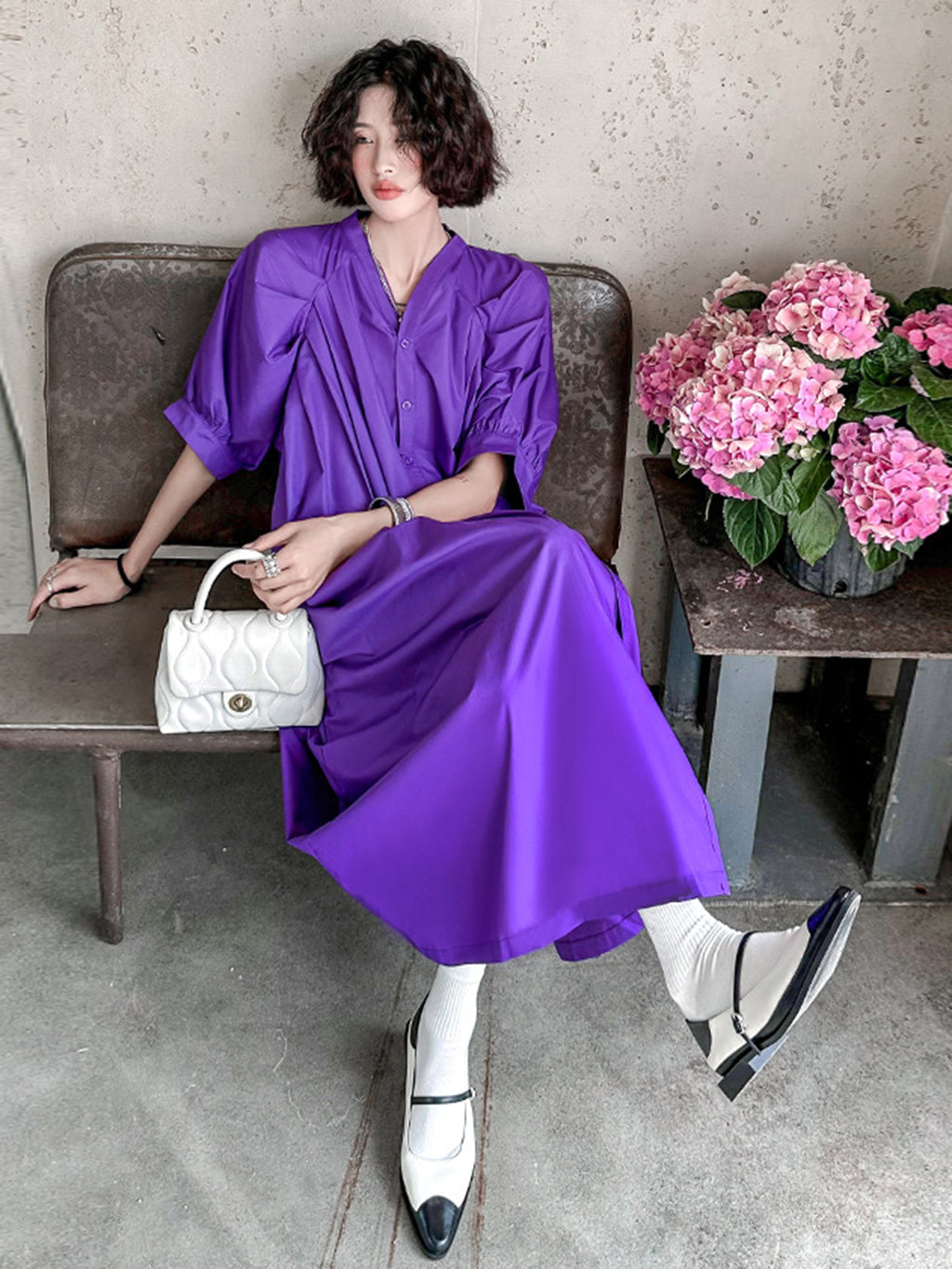 Balloon sleeve flared dress