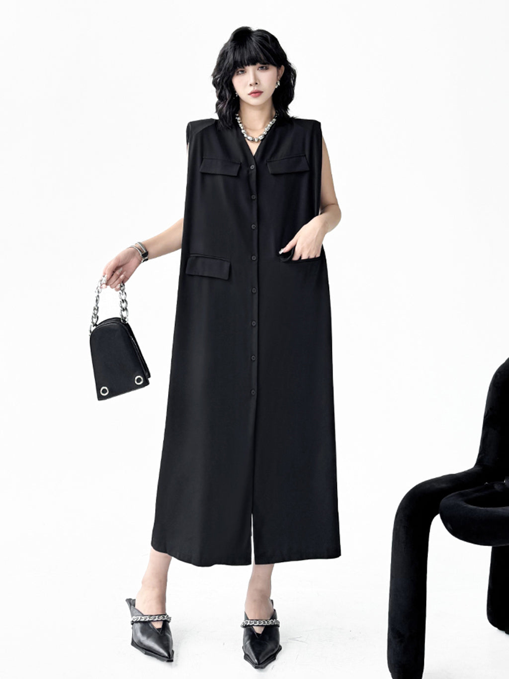 Pocket Detail Long Gilet Dress