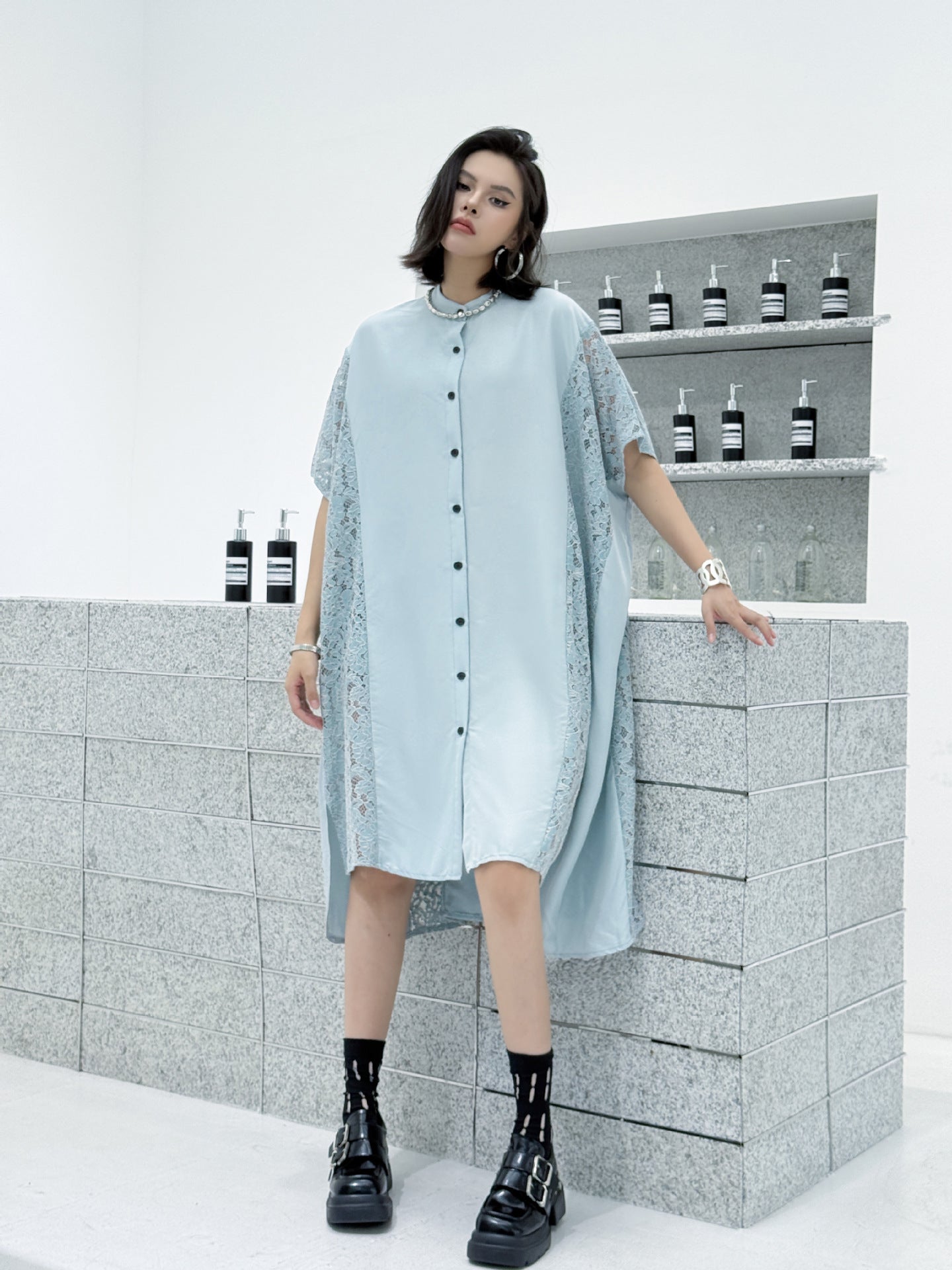 Lace slit shirt dress