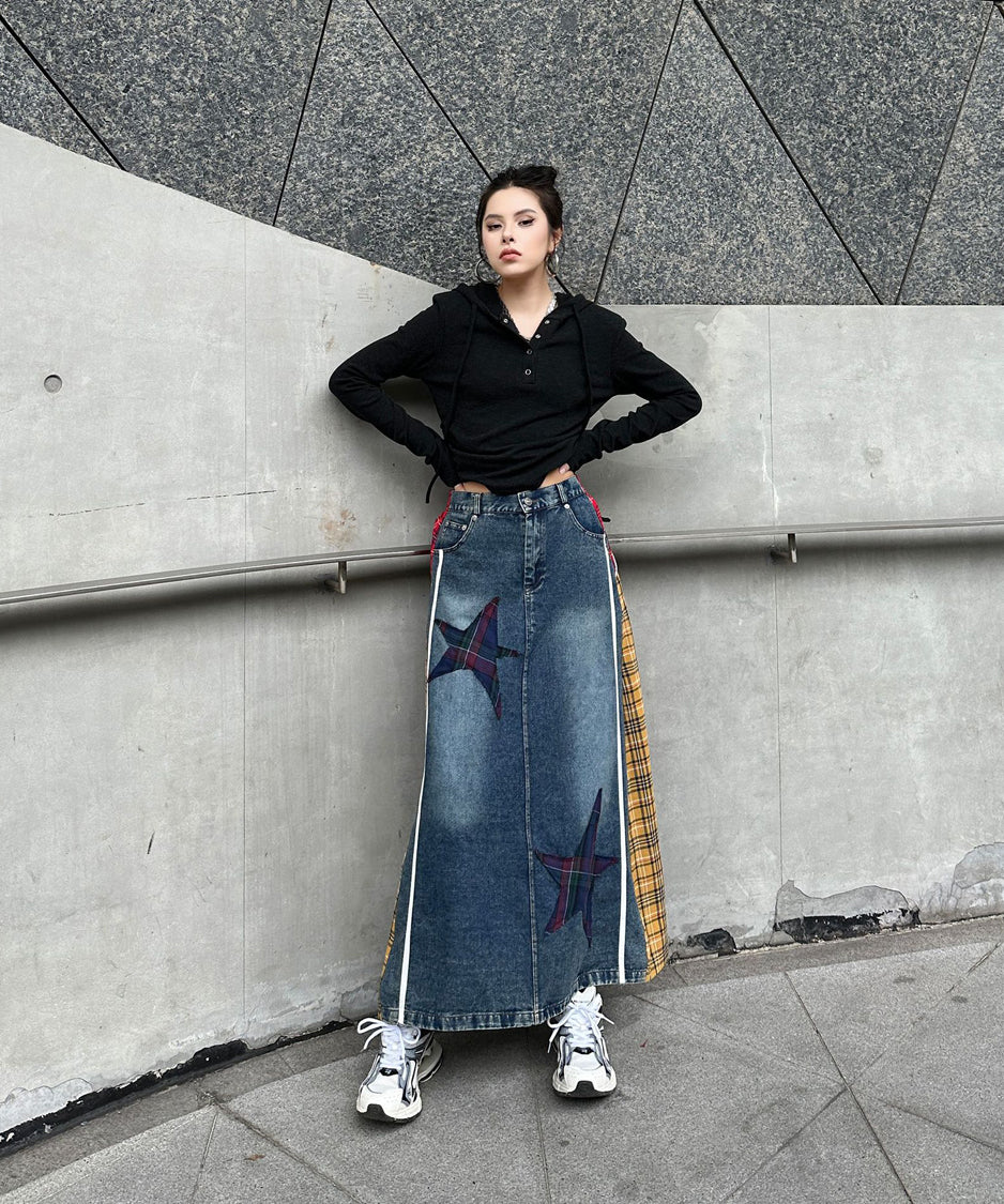 Contrast Check Denim Skirt