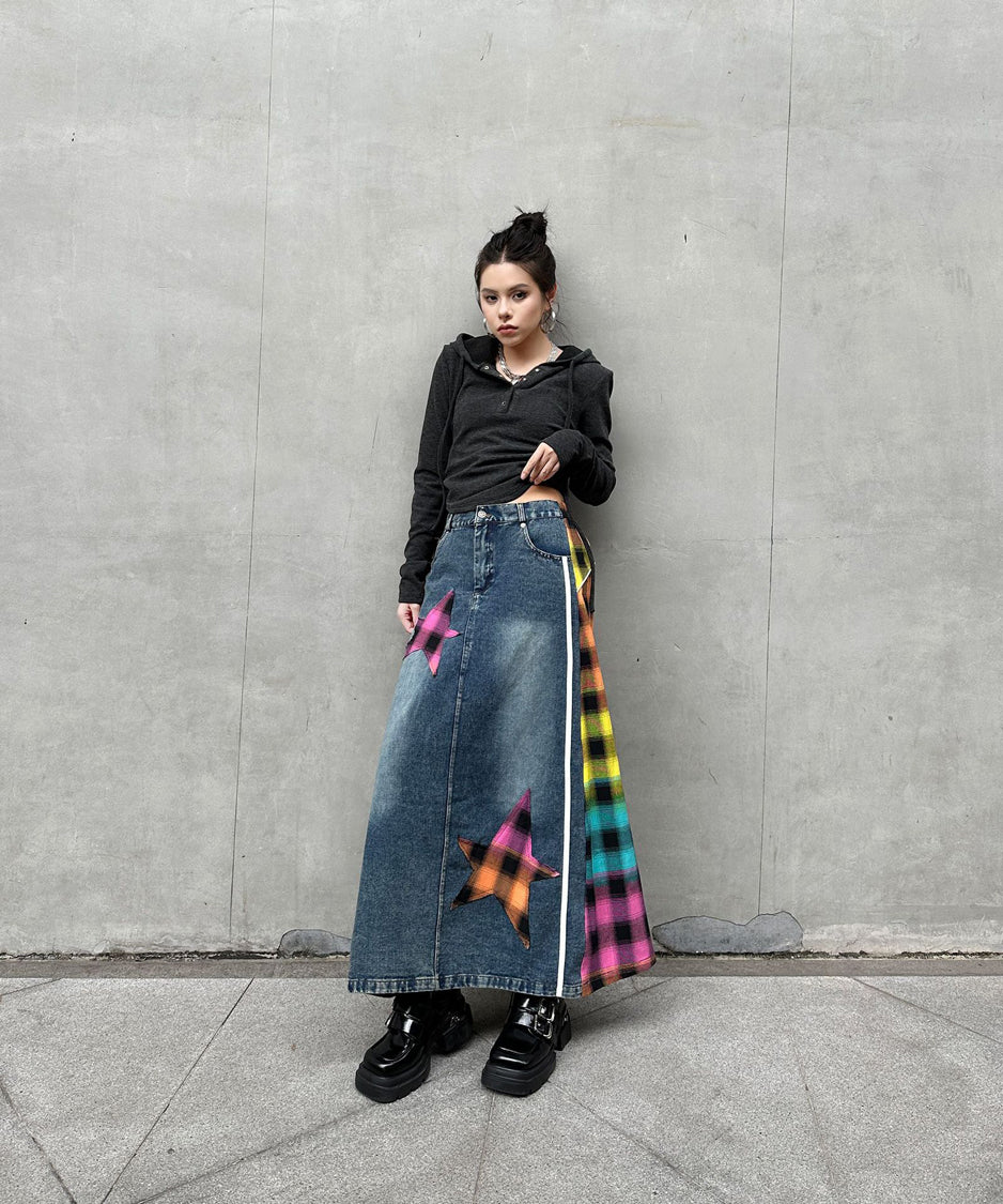 Contrast Check Denim Skirt