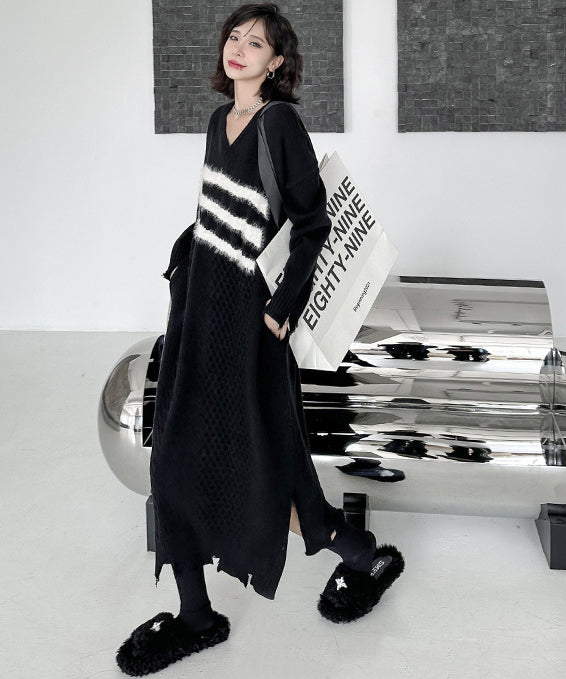 V-neck jacquard knit dress