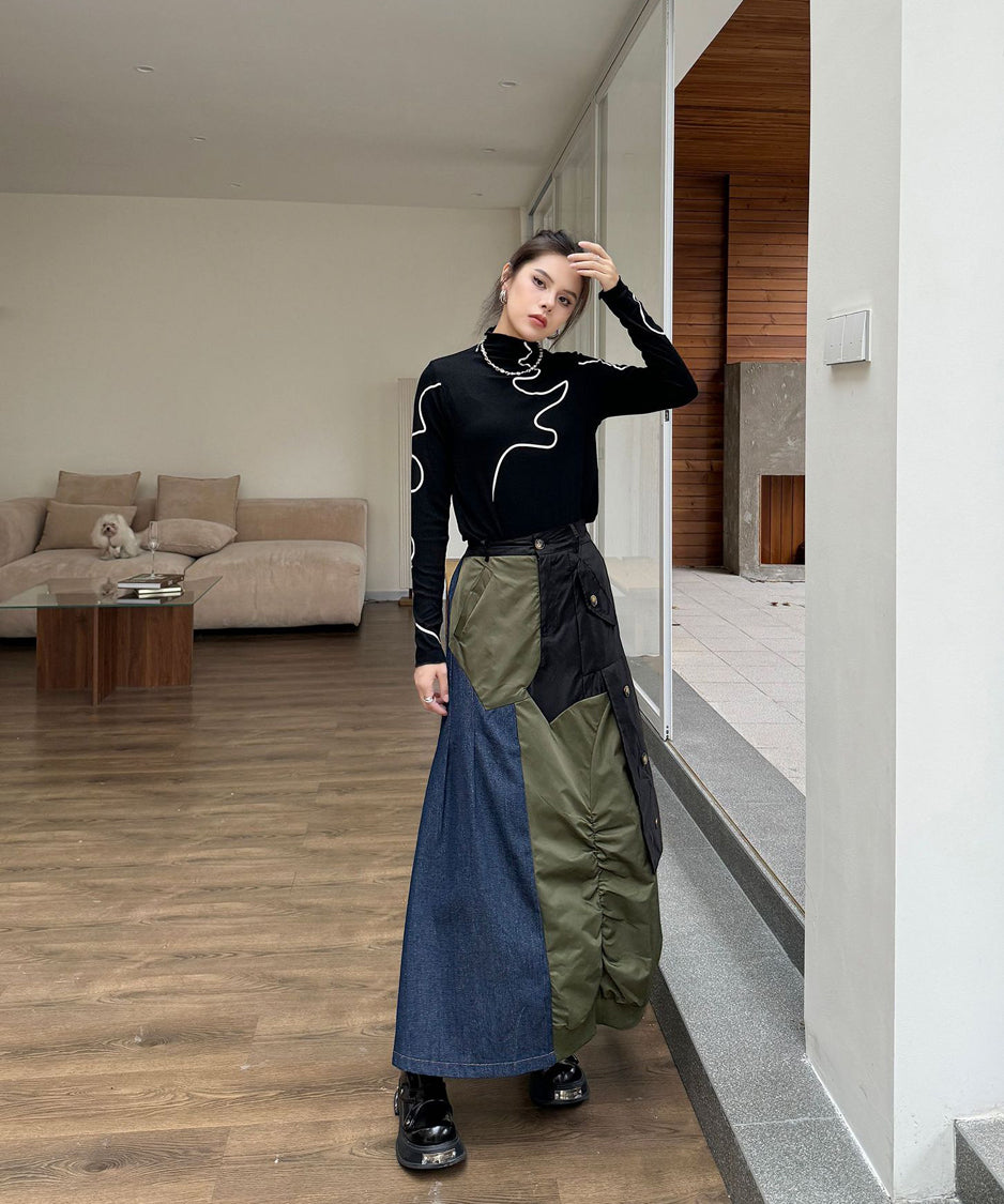Contrast Denim High-Waist Skirt