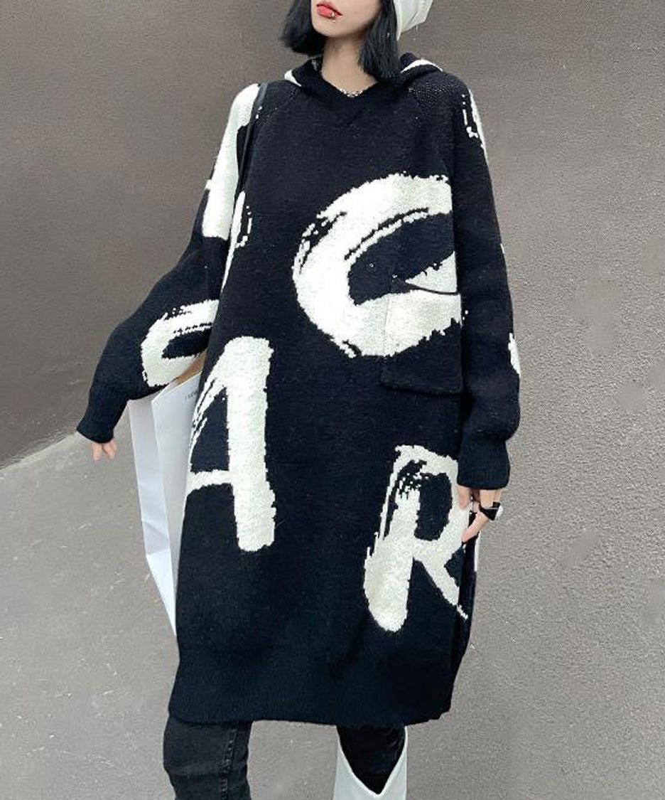 Letter Jacquard Hoodie Knit Dress