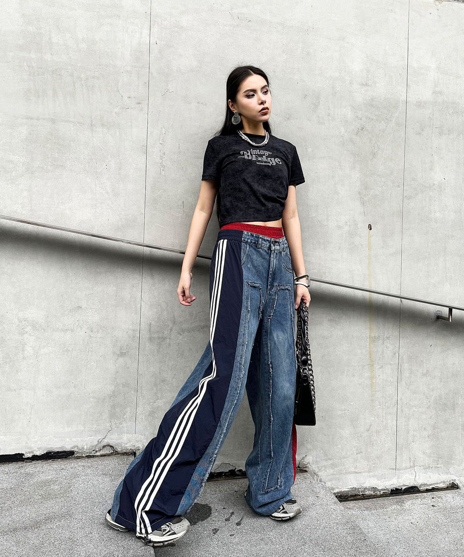 Side line drawstring denim pants