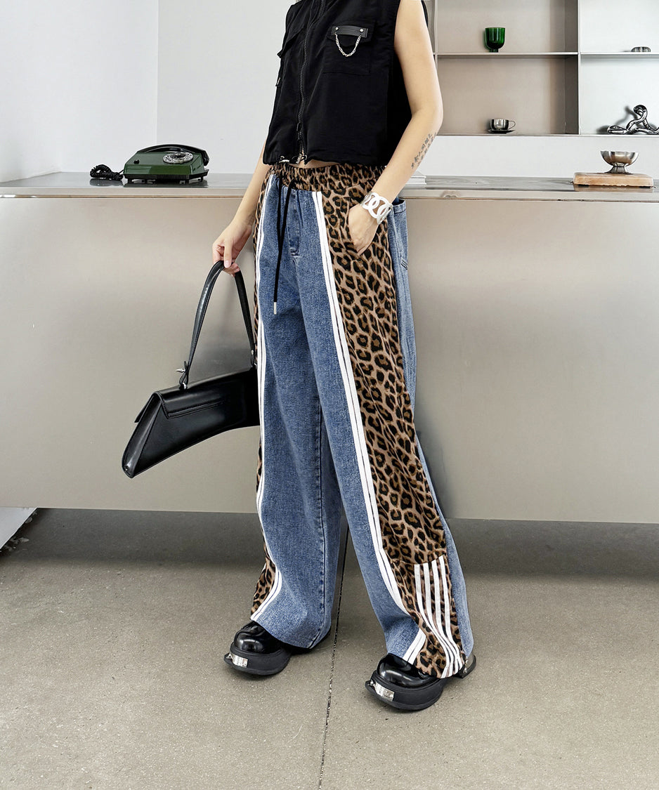 Side leopard print denim pants