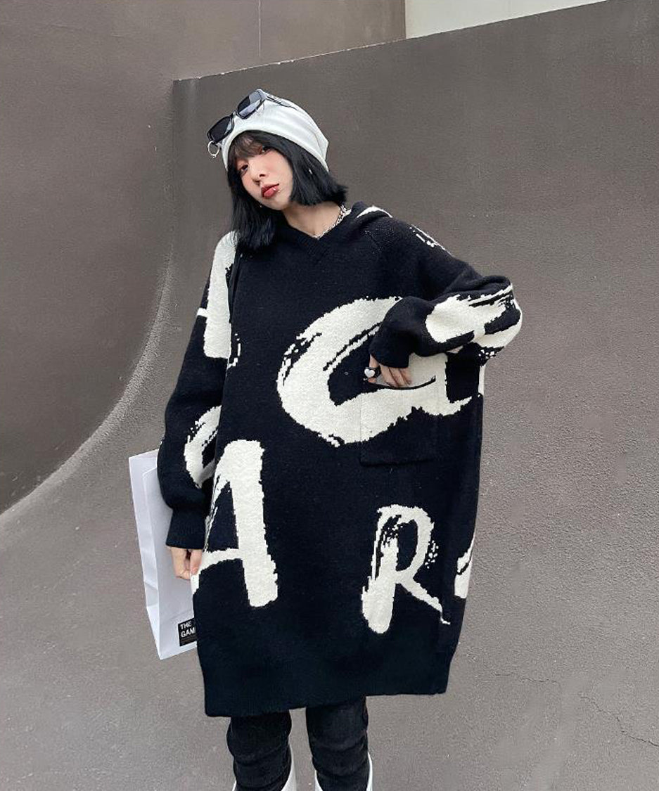 Letter Jacquard Hoodie Knit Dress