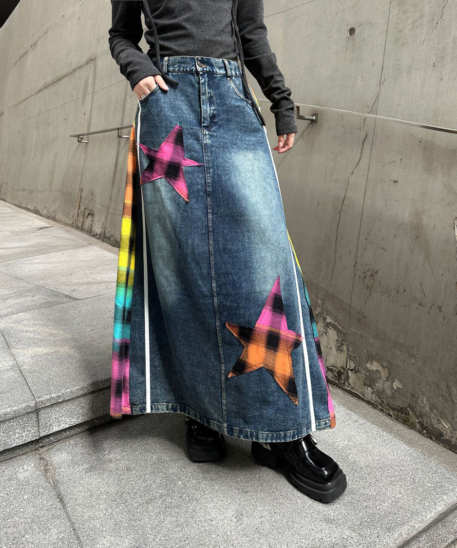 Contrast Check Denim Skirt