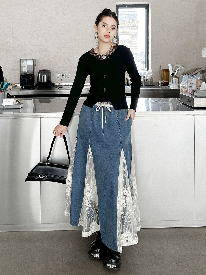 Cross-border lace denim skirt