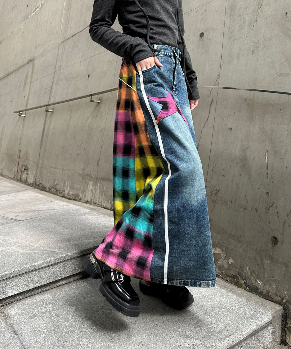 Contrast Check Denim Skirt
