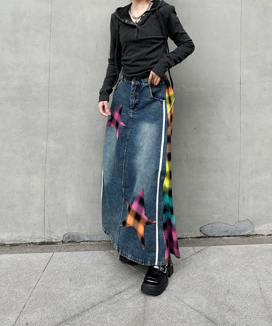 Contrast Check Denim Skirt