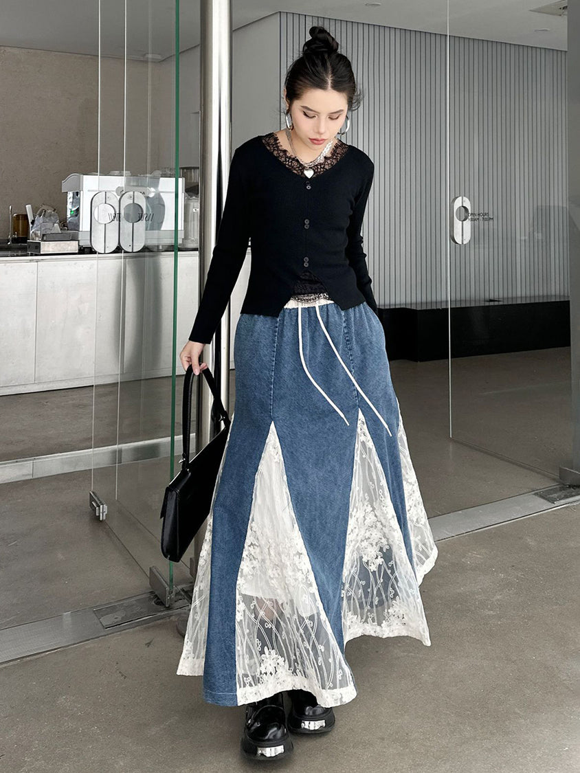 Cross-border lace denim skirt