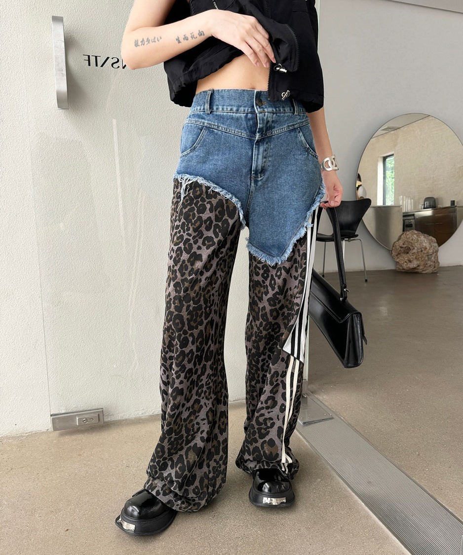 Leopard print contrast denim pants
