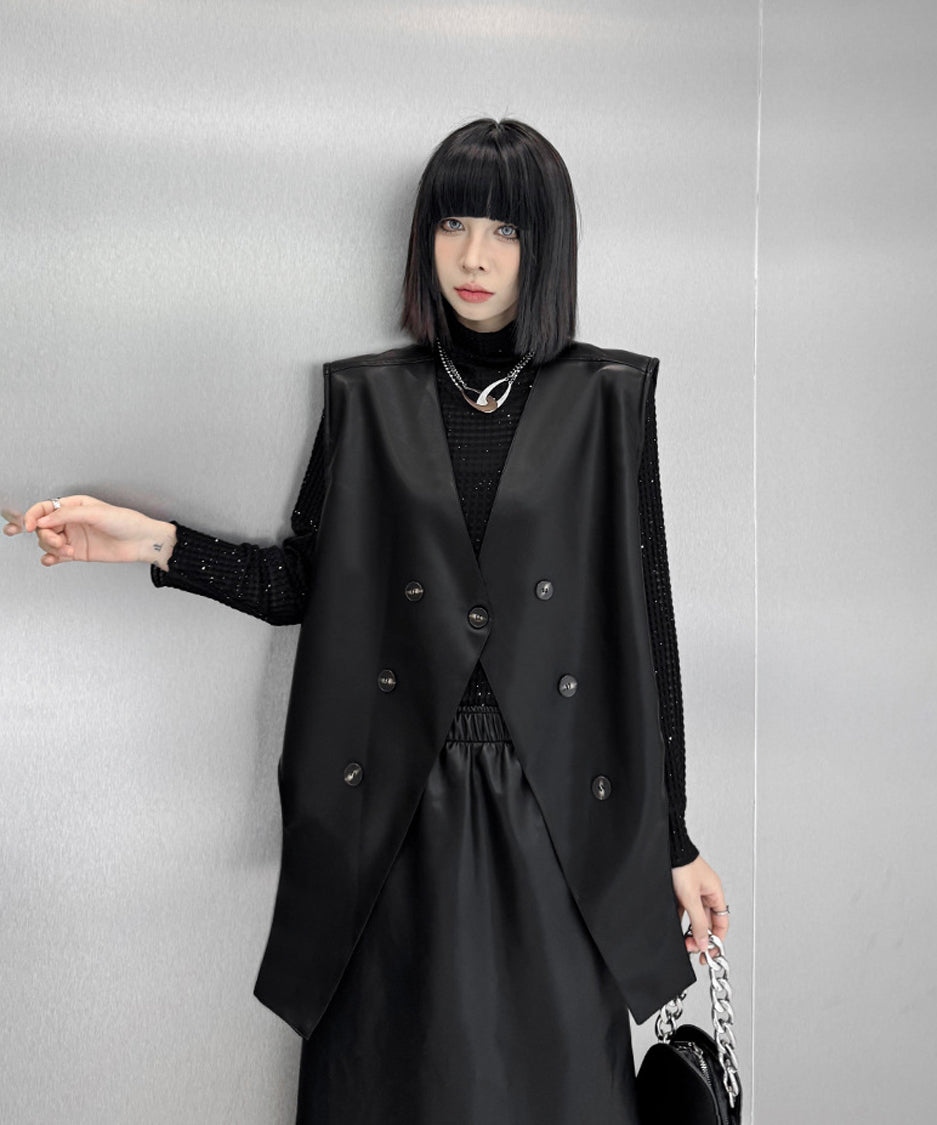 Asymmetrical faux leather vest
