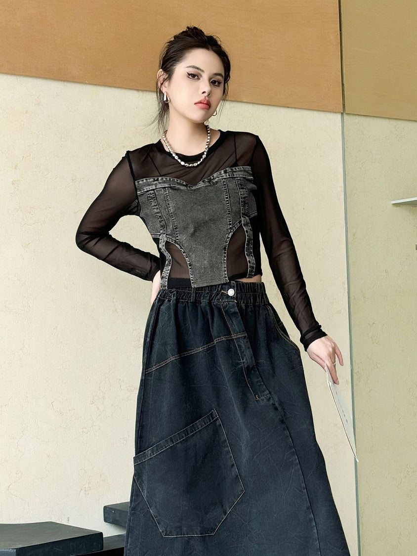 Mesh stitch denim top