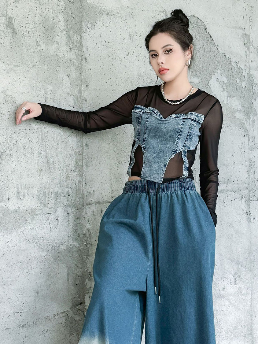 Mesh stitch denim top