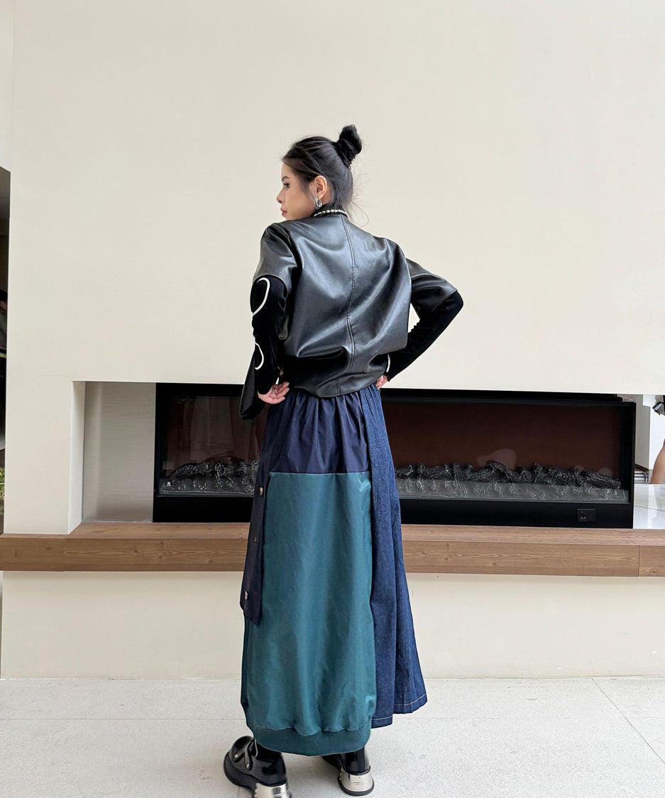 Contrast Denim High-Waist Skirt