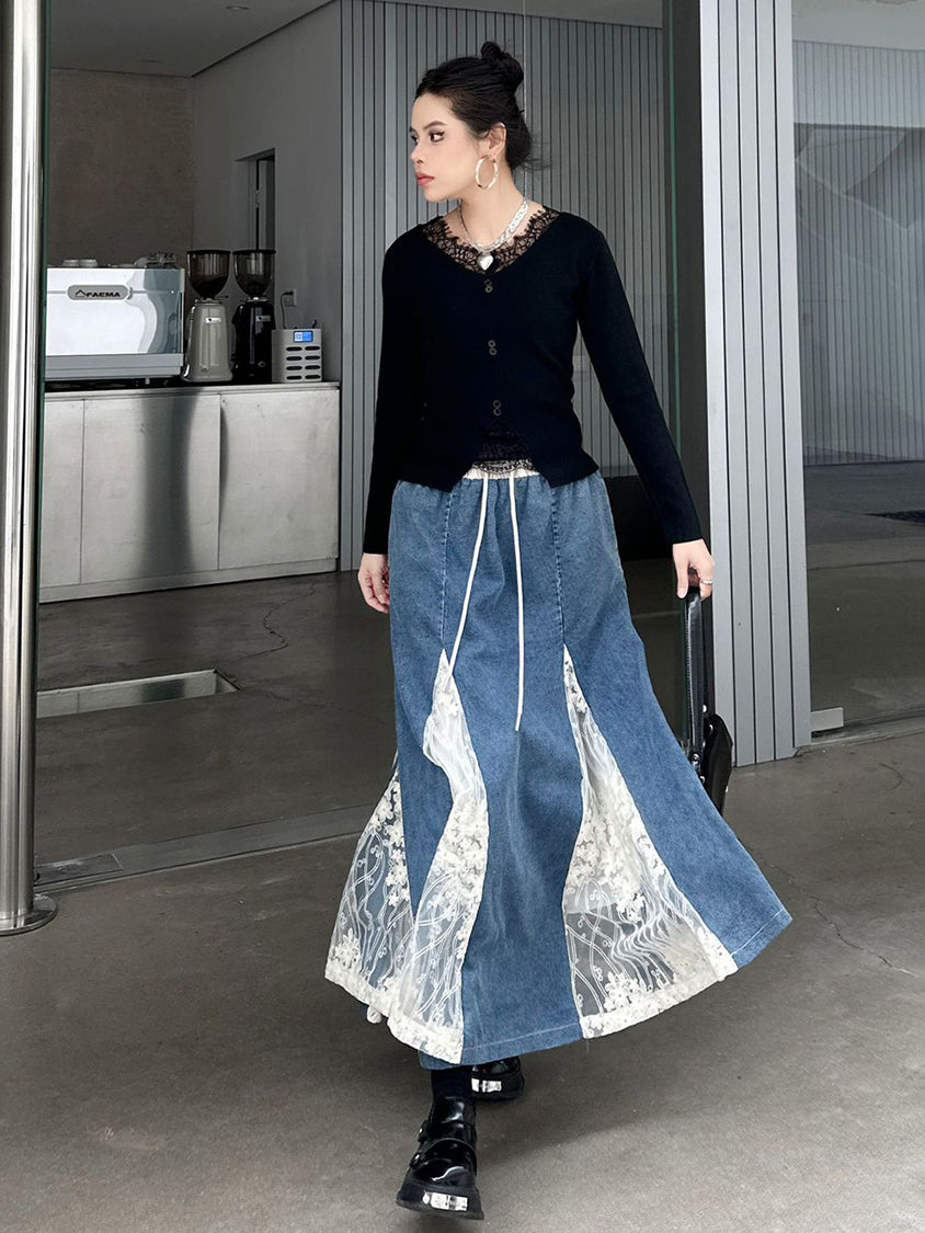 Cross-border lace denim skirt