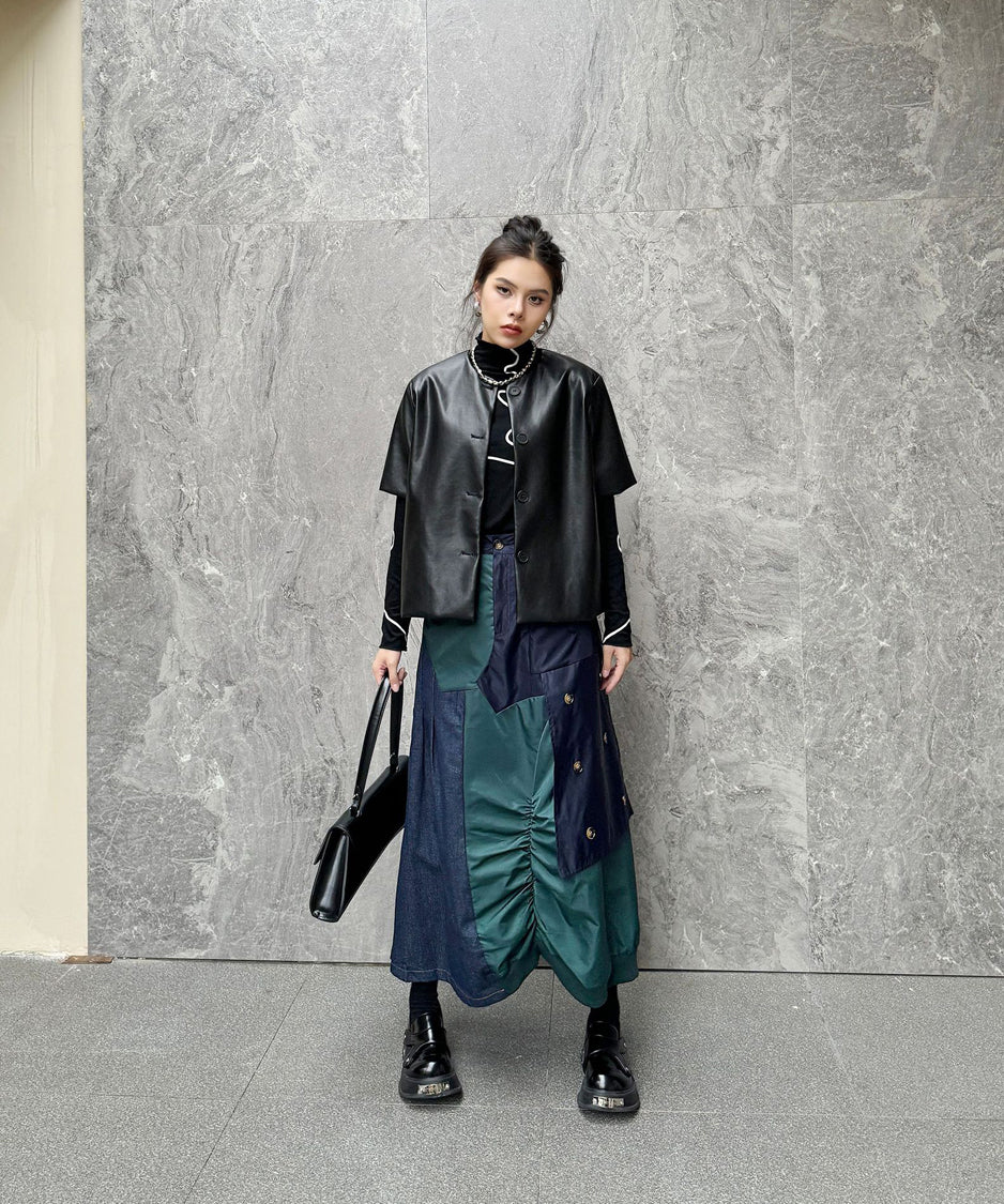 Contrast Denim High-Waist Skirt
