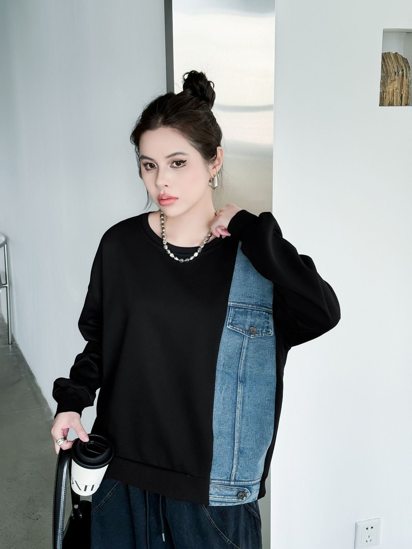 Denim stitch contrast top