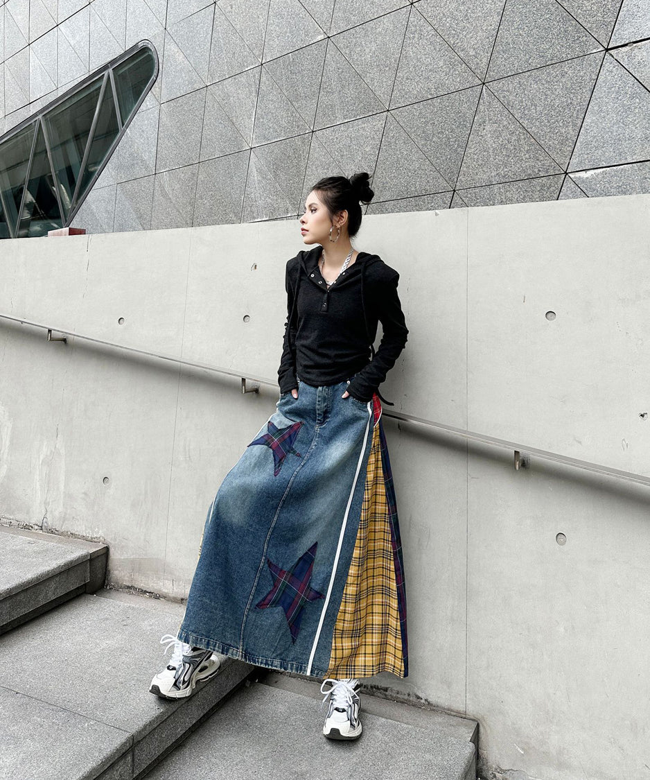 Contrast Check Denim Skirt