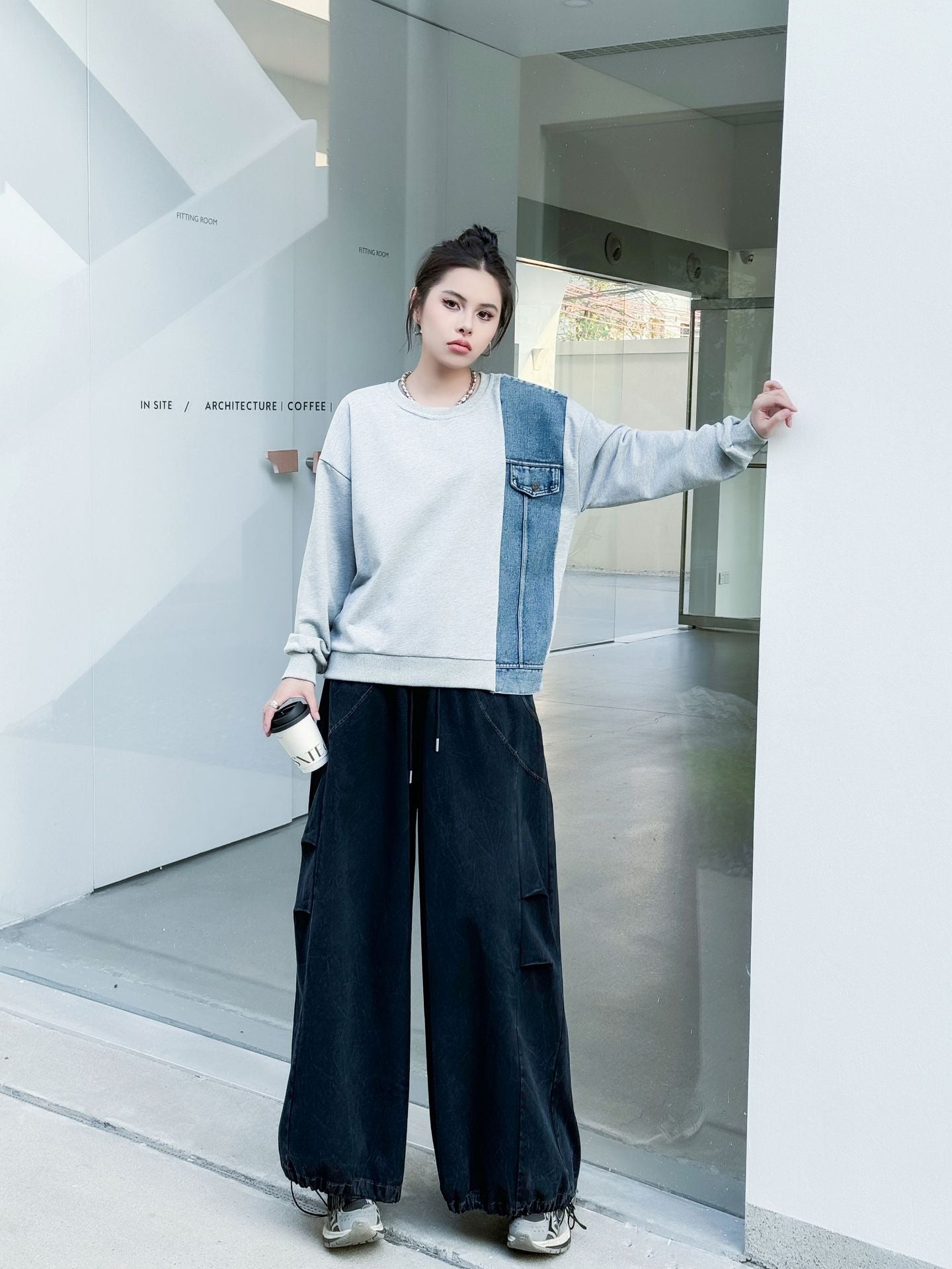 Denim stitch contrast top