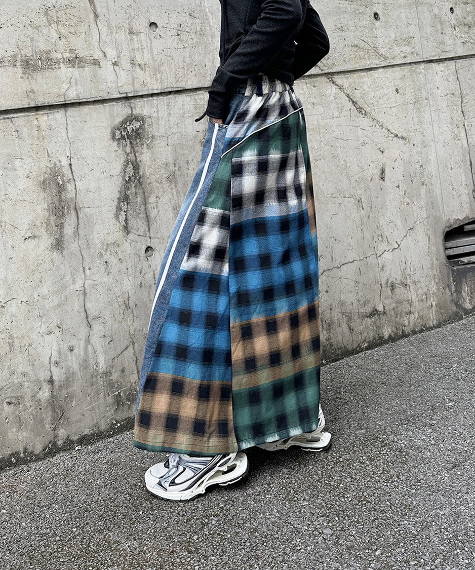 Contrast Check Denim Skirt