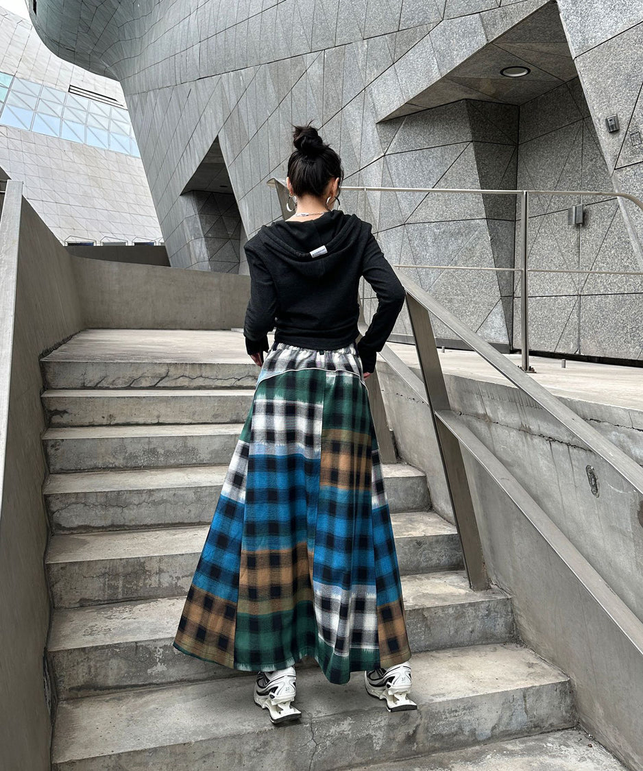 Contrast Check Denim Skirt