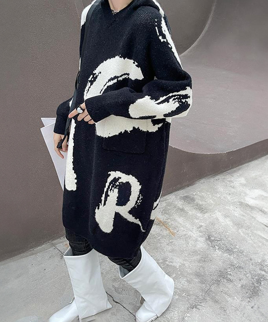 Letter Jacquard Hoodie Knit Dress