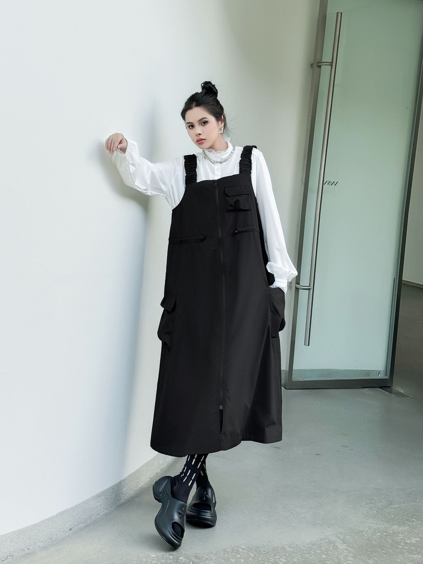 Patchwork Pocket Suspender Dress