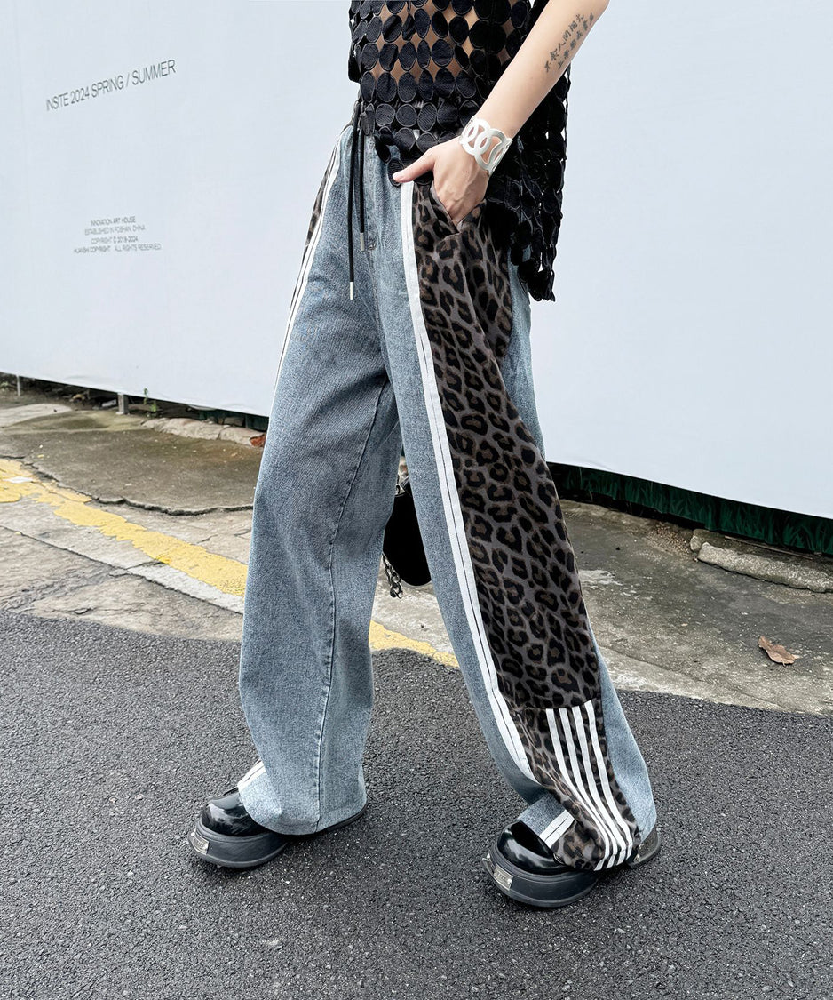 Side leopard print denim pants