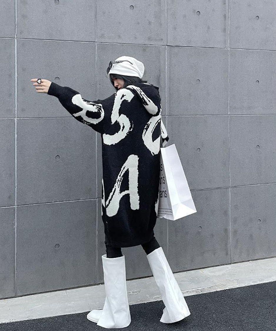 Letter Jacquard Hoodie Knit Dress