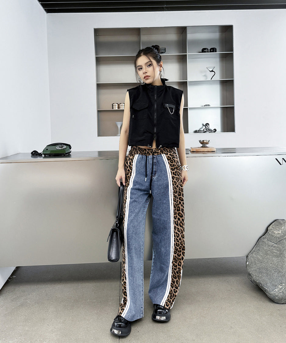 Side leopard print denim pants