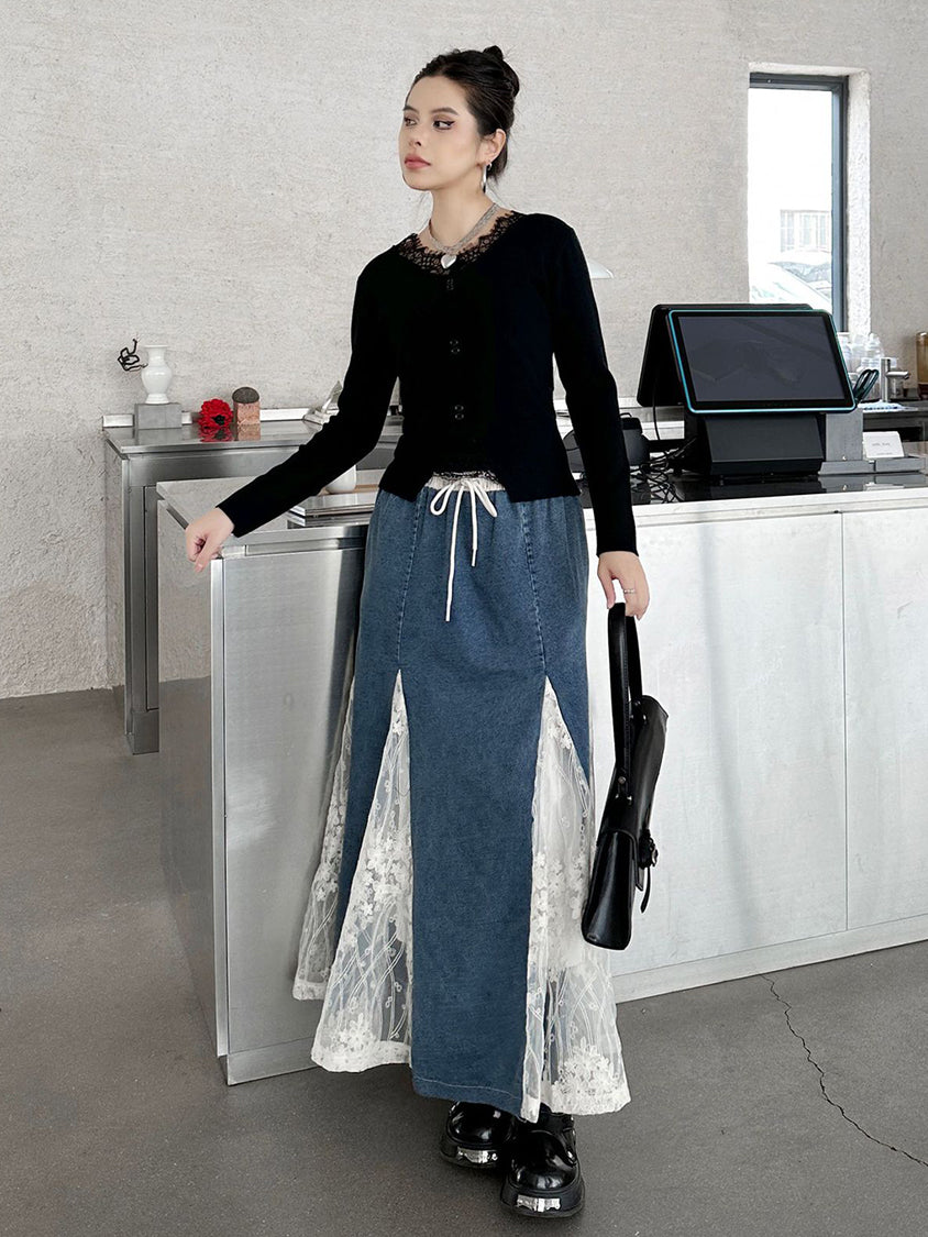 Cross-border lace denim skirt