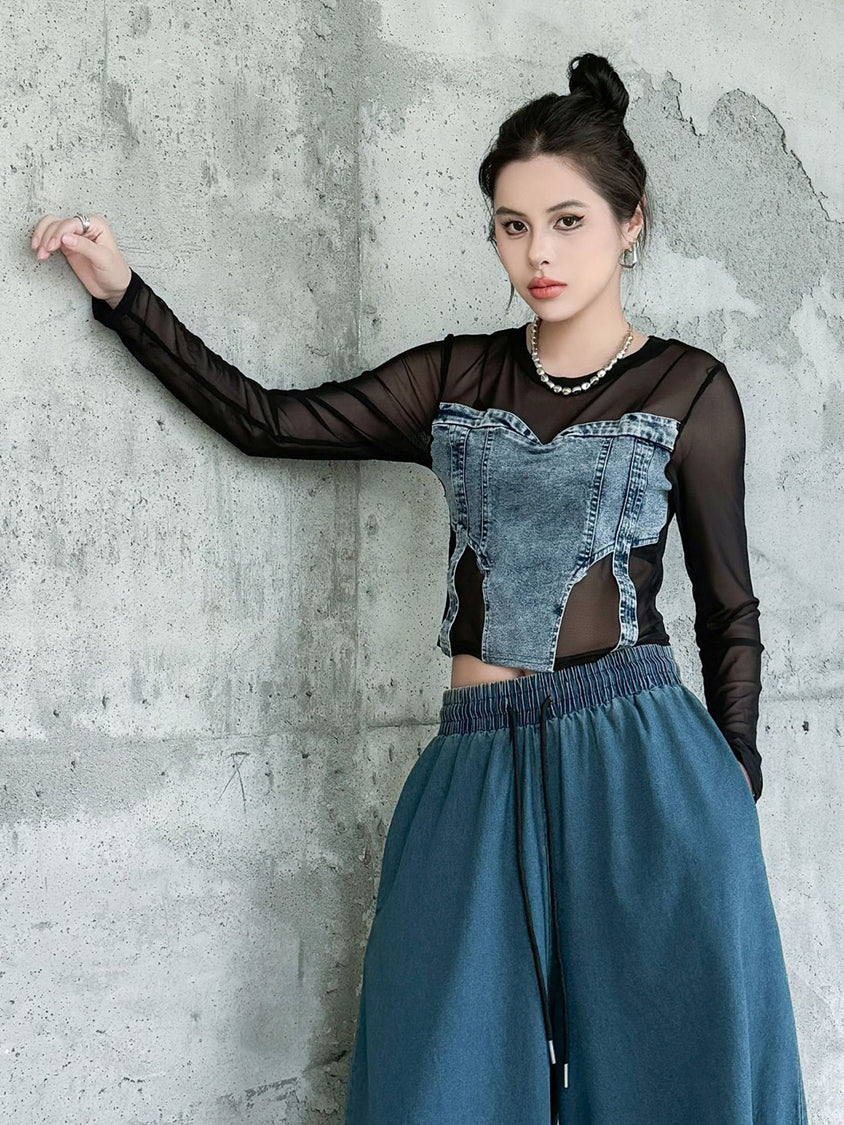 Mesh stitch denim top