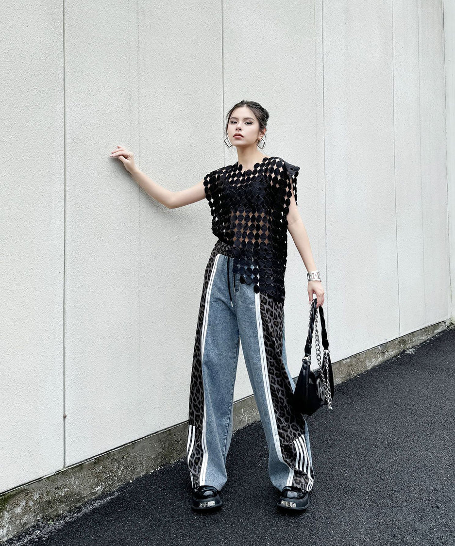 Side leopard print denim pants