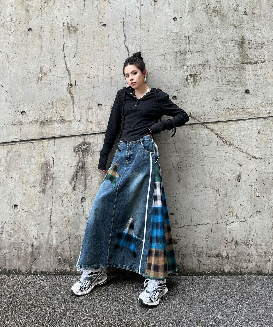 Contrast Check Denim Skirt