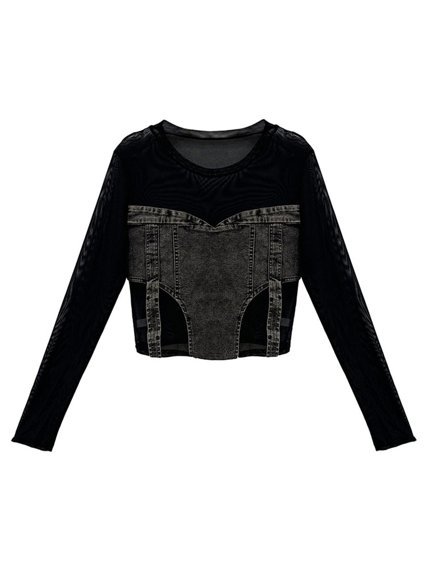 Mesh stitch denim top