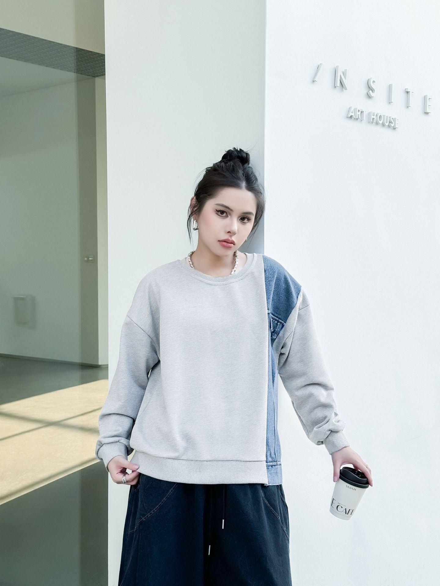 Denim stitch contrast top