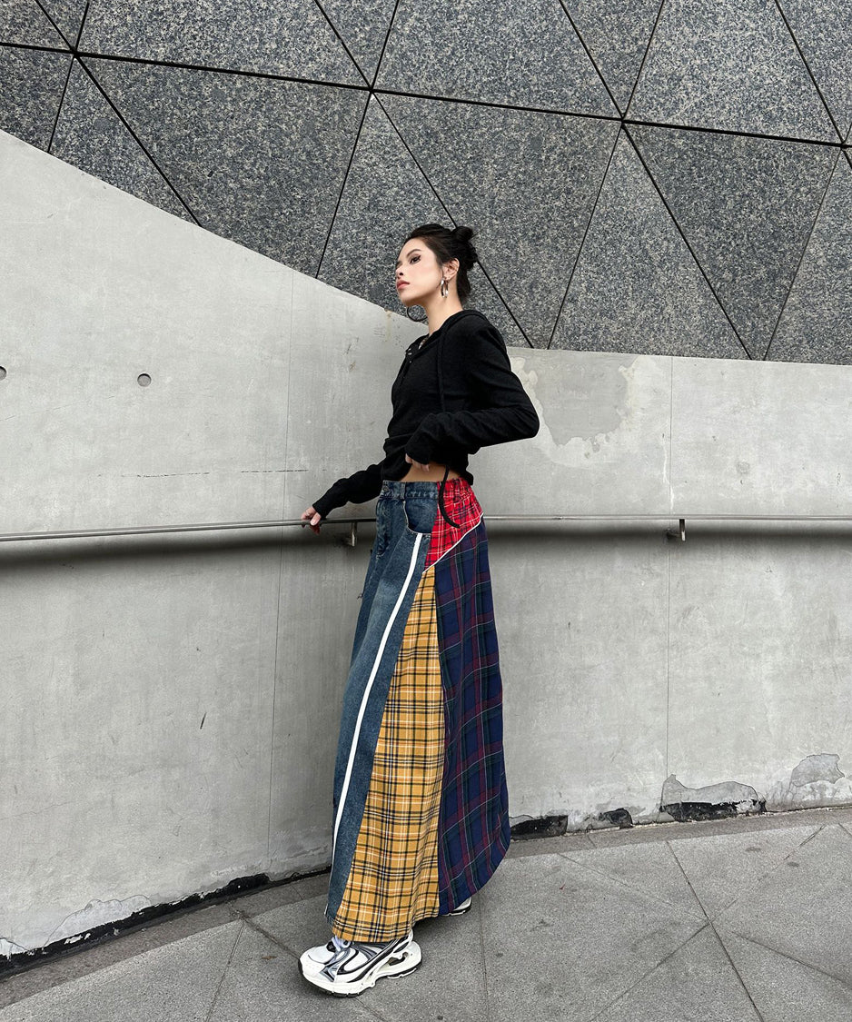 Contrast Check Denim Skirt